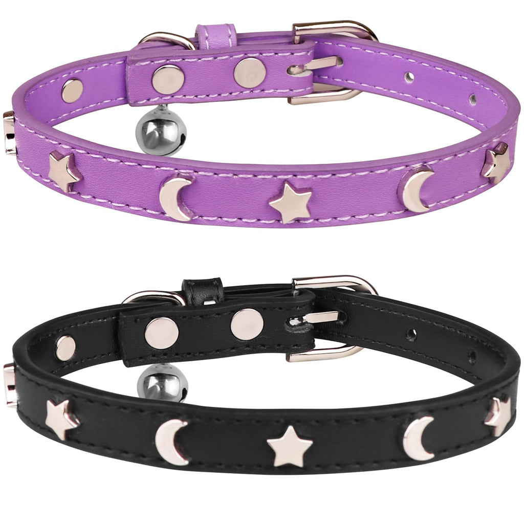 HLJ 2PCS Leather Cat CollarsCat Collar with Bells Stylish Moon & Star Rivets Adjustable Kitten Collars Cat Collar for Boy&Girl CatsBlack&Purple(XS)