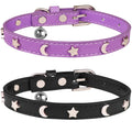 HLJ 2PCS Leather Cat CollarsCat Collar with Bells Stylish Moon & Star Rivets Adjustable Kitten Collars Cat Collar for Boy&Girl CatsBlack&Purple(XS)