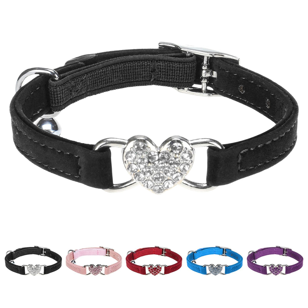 BINGPET Diamond Cat CollarAdjustable Soft Velvet Leather Safe Kitten Collar with Crystal Heart Charm and BellsGirl Boy Bling Stylish Cat Collars with Safety Elastic (Black Neck Girth 6"-8")