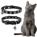 EXPAWLORER Halloween Leather Cat Collar - Adjustable Pet Collar with Rivet Spike for Girl Boy Cats Punk Accessories with Bell & Durable D-Ring Skull