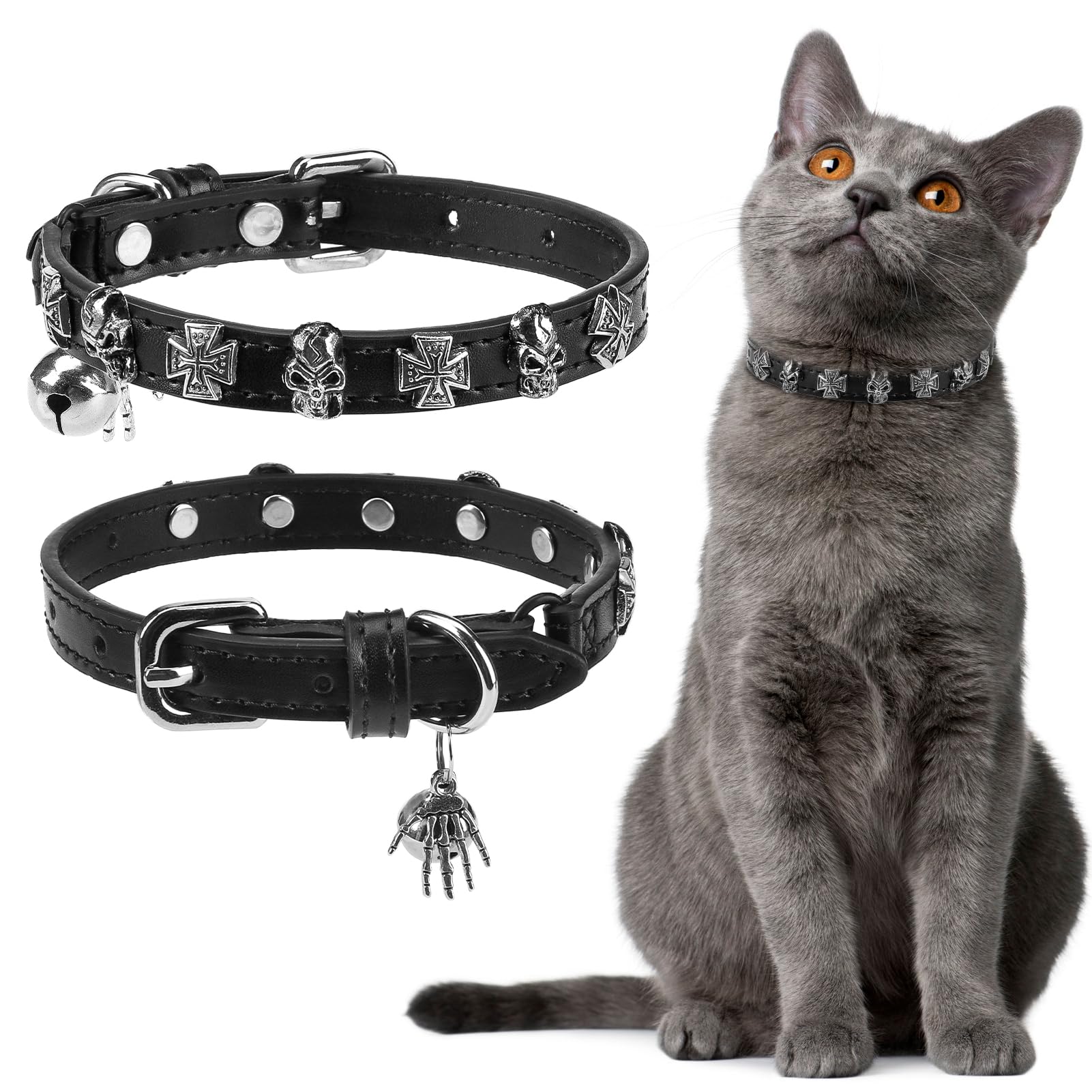 EXPAWLORER Halloween Leather Cat Collar - Adjustable Pet Collar with Rivet Spike for Girl Boy Cats Punk Accessories with Bell & Durable D-Ring Skull