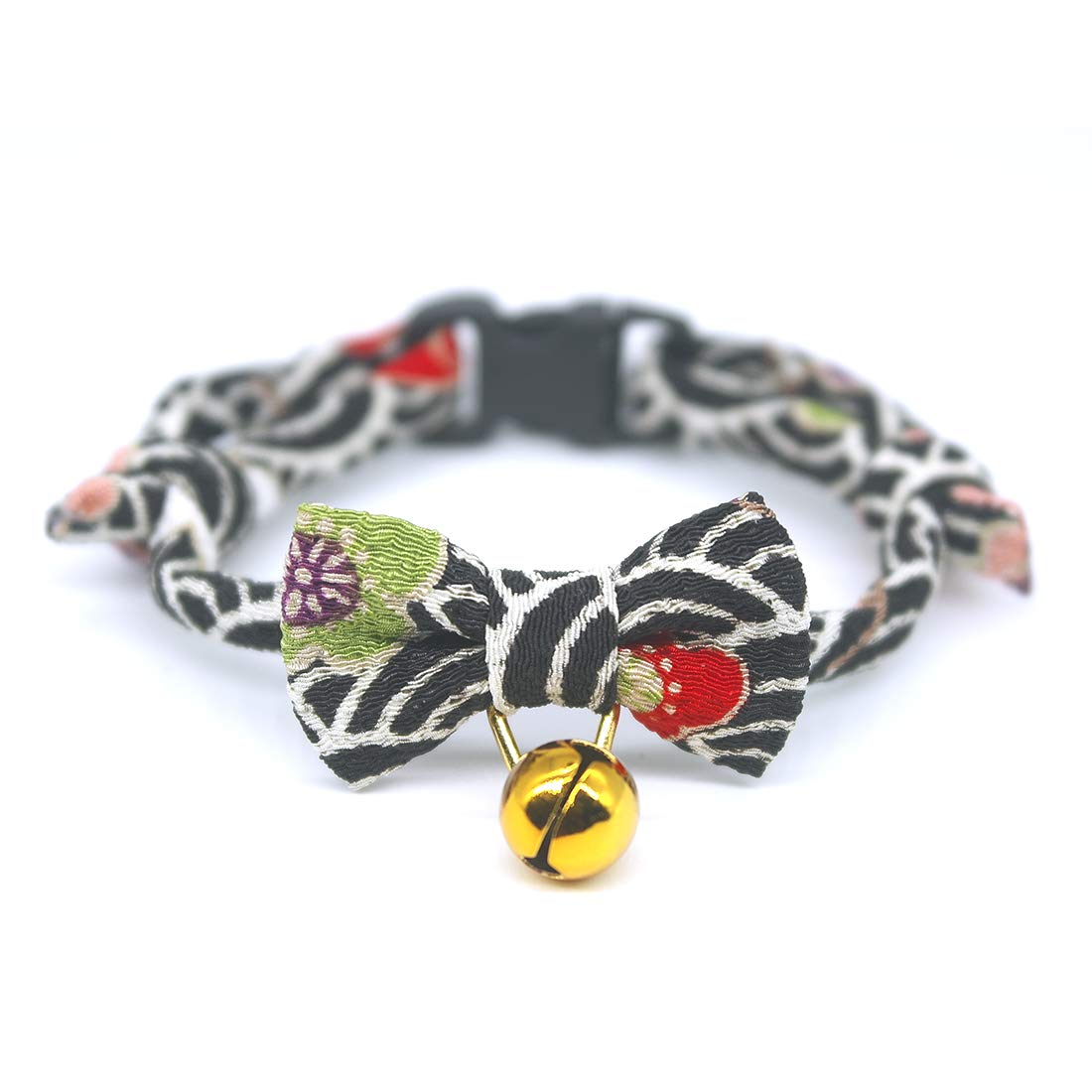 PetSoKoo Bowtie Cat Collar with Bell Breakaway Japan Chirimen Fabric Golden Bell