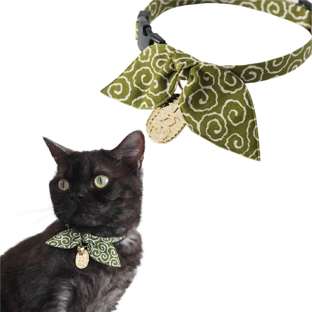 Necoichi Ninja Cat Collar (Green) with Bell Safety Breakaway Soft Lightweight for Cats Kitty Kitten Japanese Stylish Pattern No.1 Seller in Japan