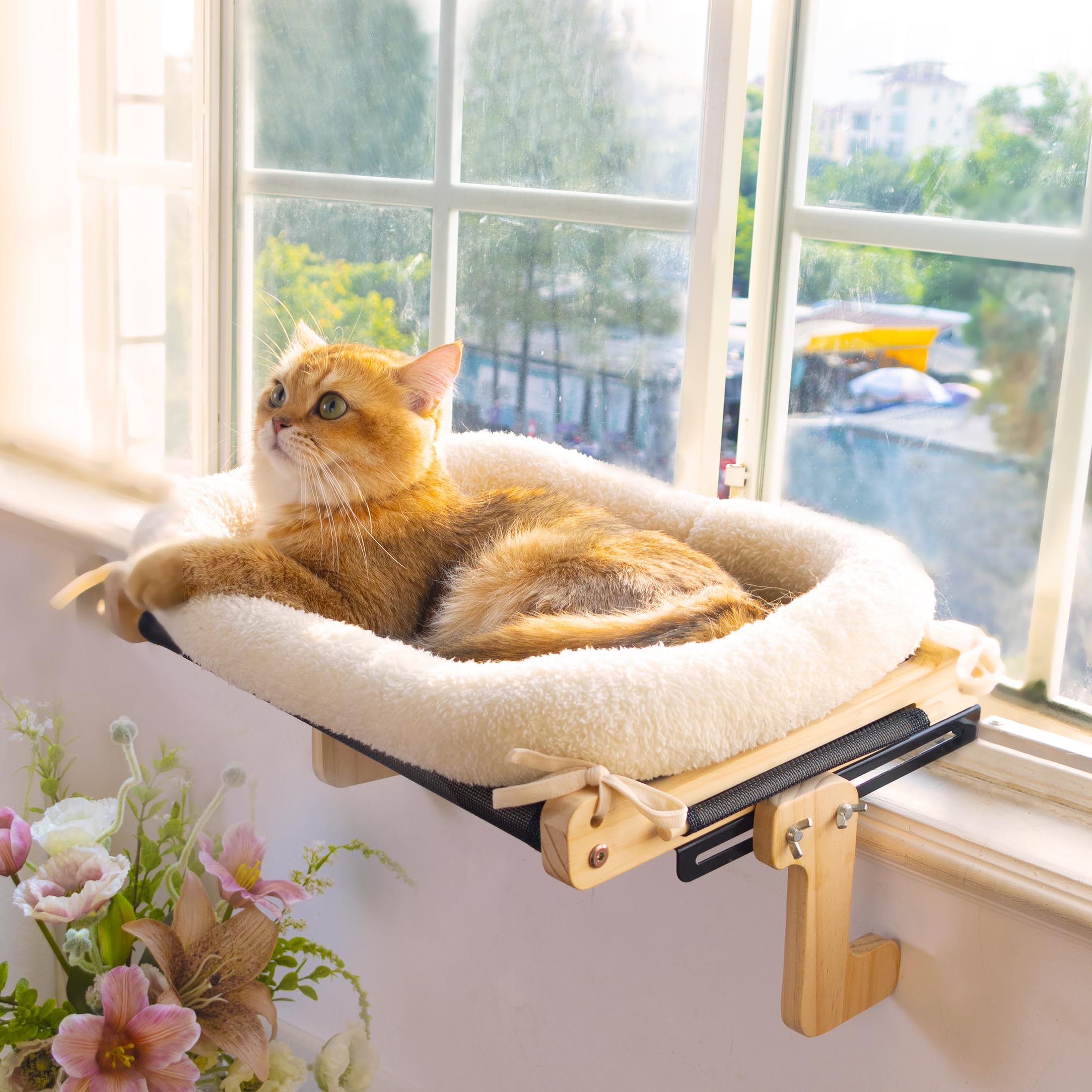 UNQBWE Cat Window Hammock Window Cat Perch with Cushion Bed Cover Wood & Metal Frame Cat Hammock for Window Easy to Adjust and Assemble for Medium and Small Cats