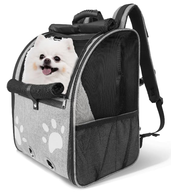 Cat Backpack Carrier Breathable Cat Carrier Large Space UP 32 lb Large Reflective Pet Carrier Backpack Ventilated Mesh Dog Travel Pet Backpack for Hiking Walking Outdoor (Grey).